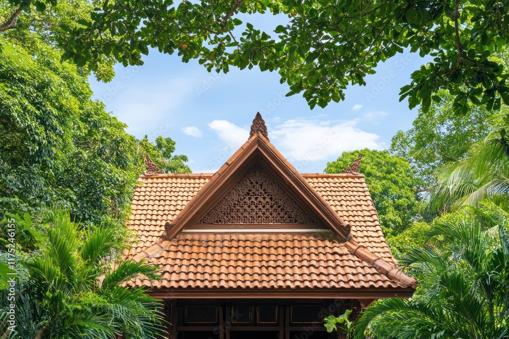A traditional tiled roof with intricate detailing, framed by lush green trees and a clear blue sky A traditional tiled roof with intricate detailing, framed by lush green trees and a clear blue sky