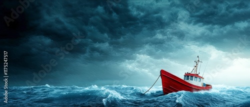 Life-saving rescue concept. A red boat battles fierce waves under a stormy sky.