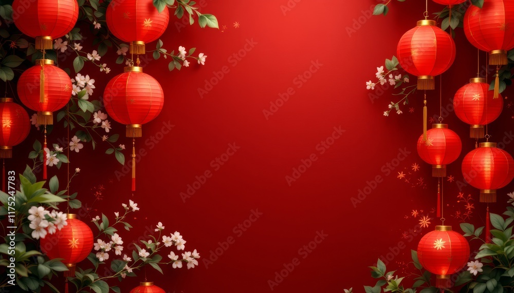 A Festive Dance of Red Lanterns and Blossoming Twigs on a Crimson Background, Evoking the Spirit of Lunar New Year Celebrations with Delicate Elegance A Festive Dance of Red Lanterns and Blossoming Twigs on a Crimson Background, Evoking the Spirit of Lunar New Year Celebrations with Delicate Elegance