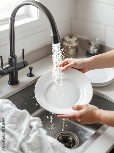 Hands washing dishes in kitchen photo