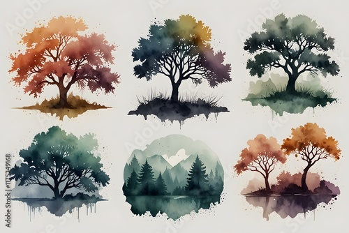 Nature shots incorporating ogival shapes in trees or landscapes in watercolor style photo