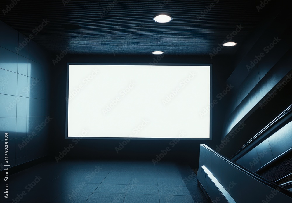 Blank billboard in a subway underpass with escalator.