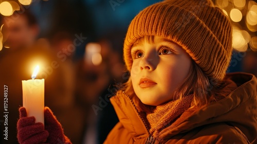 A child holding a candle, gazing thoughtfully amidst a festive evening atmosphere.