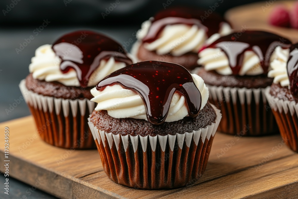 Chocolate cupcakes with creamy frosting and berry topping on wooden board Chocolate cupcakes with creamy frosting and berry topping on wooden board