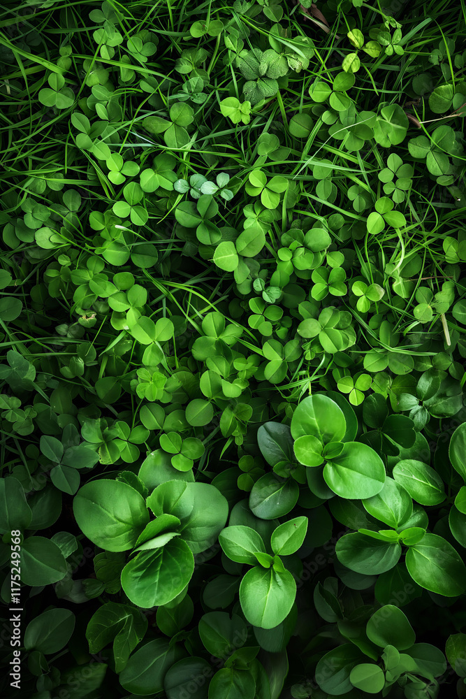 Green clover leaves background with heart-shaped leaves, top view. St. Patrick s Day backdrop Green clover leaves background with heart-shaped leaves, top view. St. Patrick s Day backdrop