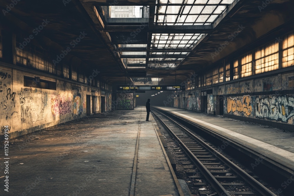 A lone figure stands in a decayed subway station, surrounded by graffiti, evoking eerie isolation A lone figure stands in a decayed subway station, surrounded by graffiti, evoking eerie isolation