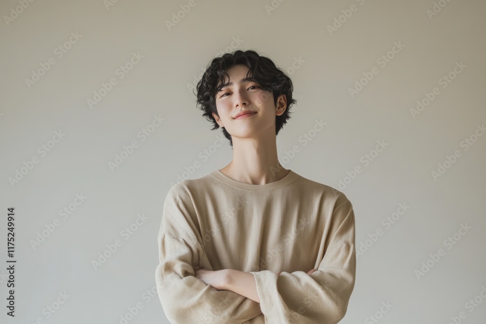 Person stands with arms crossed and a slight smile, radiating confidence in a neutral, minimalist environment Person stands with arms crossed and a slight smile, radiating confidence in a neutral, minimalist environment