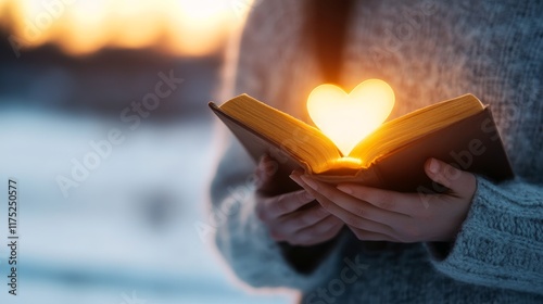 A person holds an open book with a glowing heart emanating from its pages against a sunset.
