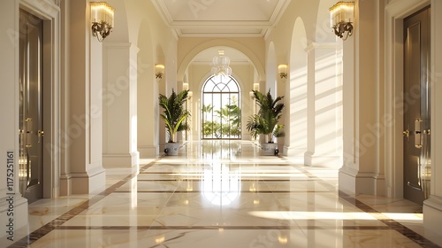 A hallway featuring symmetrical doorways on either side and a smooth tiled floor  displayed on a plain white background for a streamlined presentation. 8k UHD  suitable for high-quality printing 