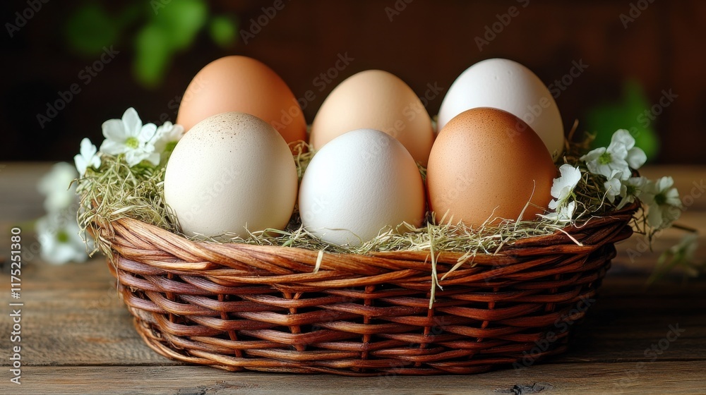 Freshly collected eggs arranged in a rustic basket surrounded by delicate flowers on a wooden background