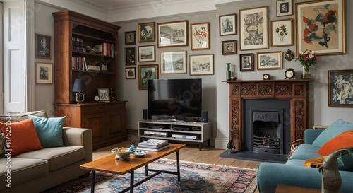 Wallpaper Mural An eclectic living room combining vintage and modern elements, with bold patterns and colors. Interior design Torontodigital.ca