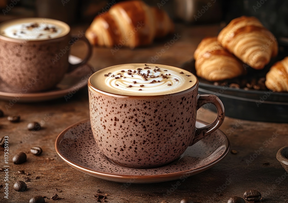 Close-up of a creamy cappuccino showcases latte art, surrounded by croissants in soft natural light Close-up of a creamy cappuccino showcases latte art, surrounded by croissants in soft natural light