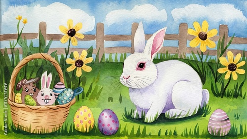 White rabbit next to basket of decorated Easter eggs on grass field with flowers and wooden fence under blue sky
