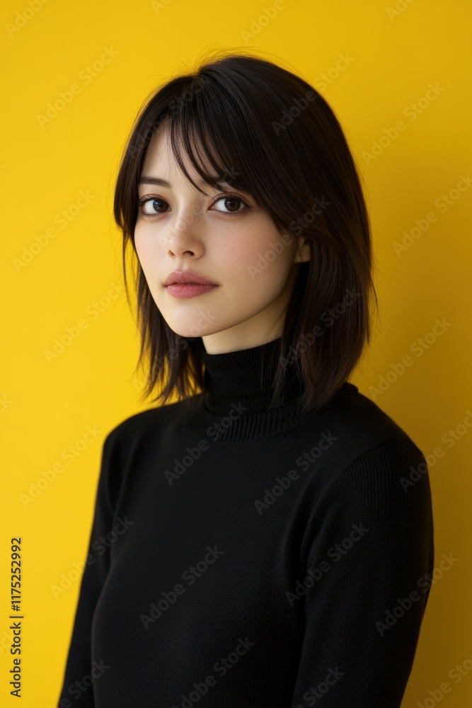 Portrait of a young woman with dark hair against a vibrant yellow background Portrait of a young woman with dark hair against a vibrant yellow background