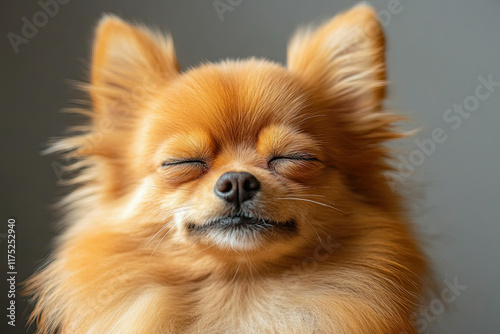 Dog caught mid-sneeze, with a squished face and closed eyes, looking adorable and funny
