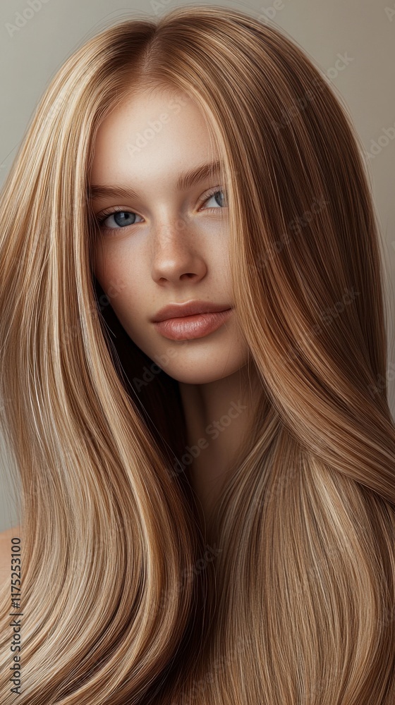 Naklejka premium Beautiful young woman with flowing blonde hair and soft features against a neutral background, showcasing natural elegance and charm in a serene setting