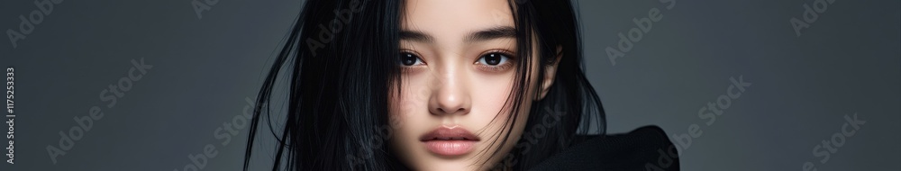 Portrait of a woman with captivating expression and long dark hair Portrait of a woman with captivating expression and long dark hair