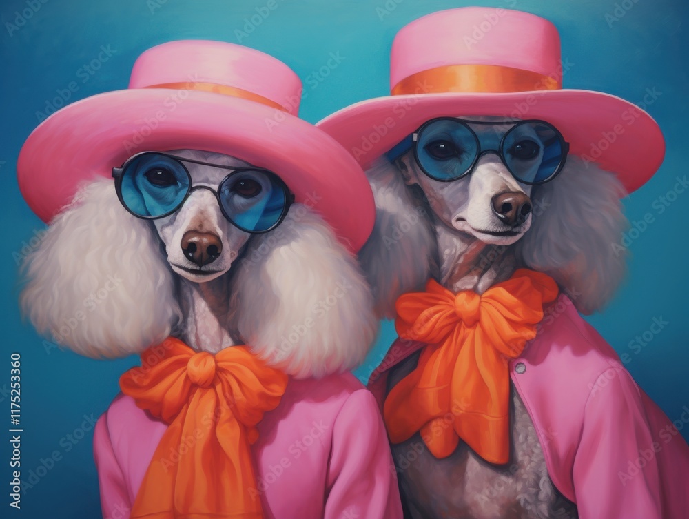 Fototapeta premium Stylish poodles dress in pink hats and sunglasses for a glamorous outing in a vibrant setting