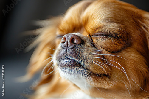 Dog caught mid-sneeze, with a squished face and closed eyes, looking adorable and funny
