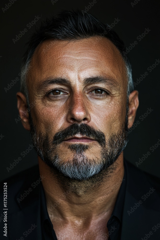 A man with a well-groomed beard and piercing eyes looks directly at the camera A man with a well-groomed beard and piercing eyes looks directly at the camera