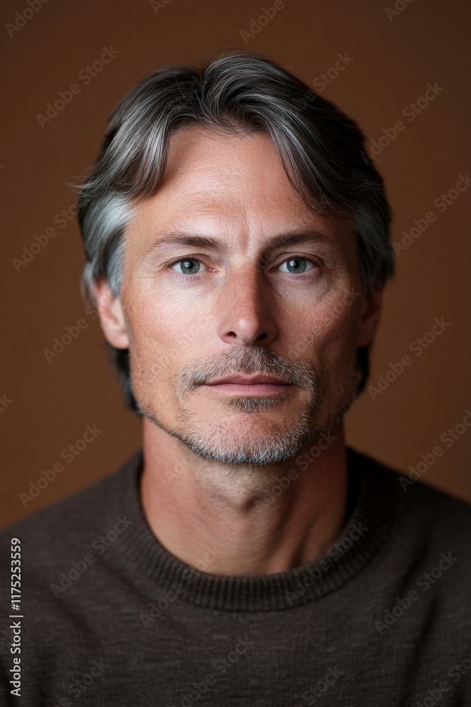 Mature man with silver hair and thoughtful look against dark backdrop Mature man with silver hair and thoughtful look against dark backdrop