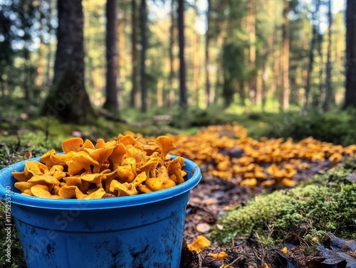 Exciting mushroom foraging in a serene forest with a vibrant collection of chanterelles in a blue bucket photo