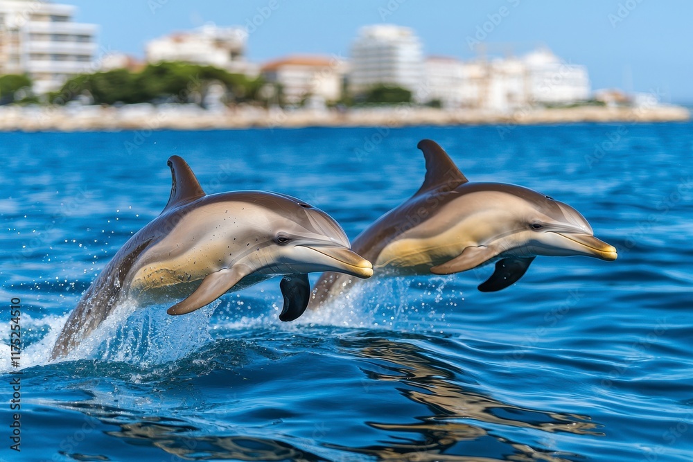 Naklejka premium Dolphins jumping playfully in crystal clear waters coastal resort wildlife photography sunny day underwater perspective marine life adventure
