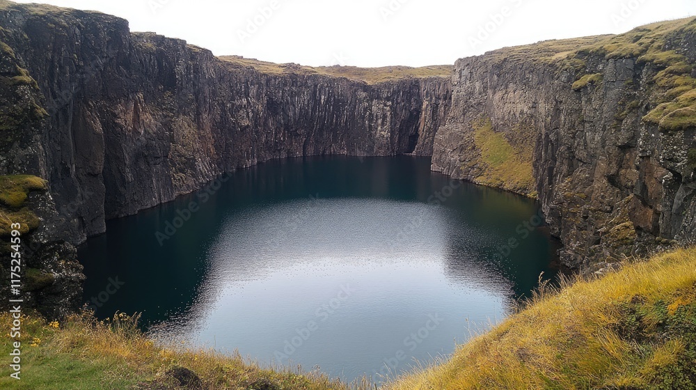 Fototapeta premium Dark water lake nestled within steep volcanic cliffs