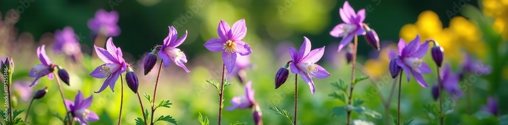 Purple Columbine flowers growing in the garden among other plants, wildflowers, , aquilegia Purple Columbine flowers growing in the garden among other plants, wildflowers, , aquilegia