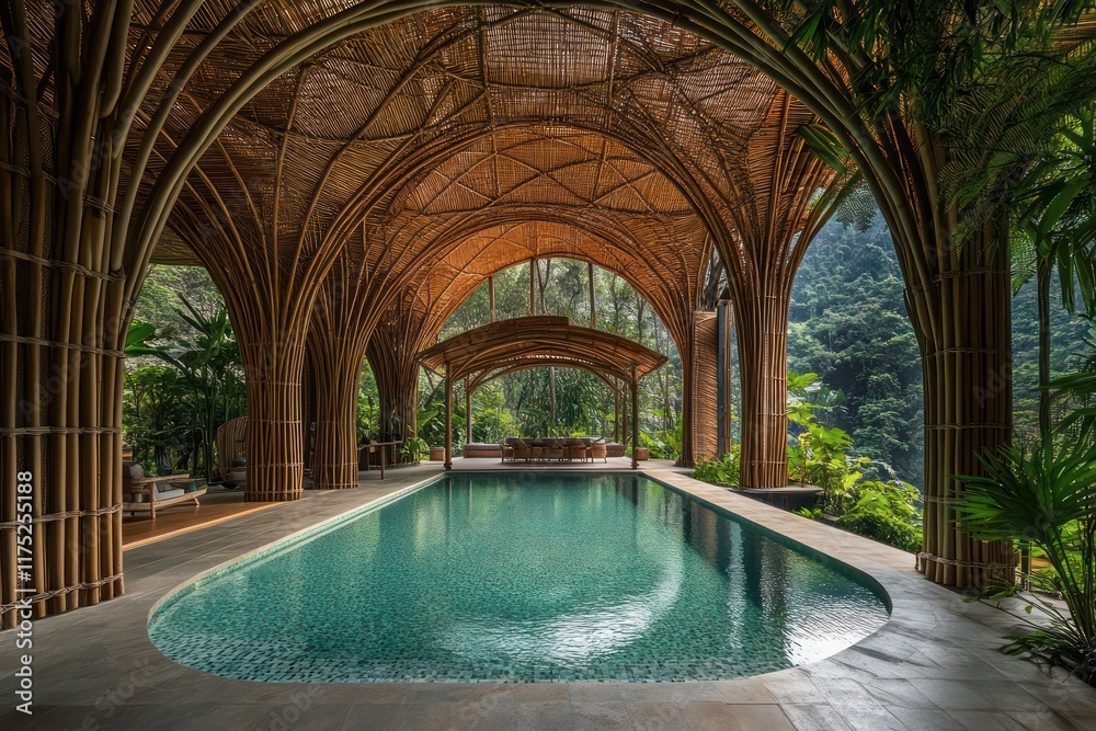 Fototapeta premium A tropical retreat with open-plan architecture, bamboo accents, and a serene infinity pool surrounded by greenery