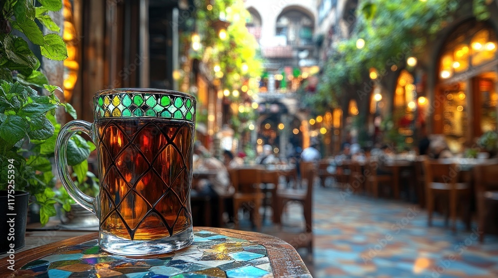 A close-up of a beer mug on a table in a vibrant, lively outdoor dining area. A close-up of a beer mug on a table in a vibrant, lively outdoor dining area.