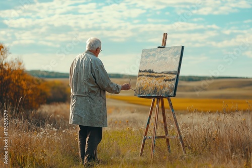 Senior painter painting a landscape in a field during a sunny autumn day