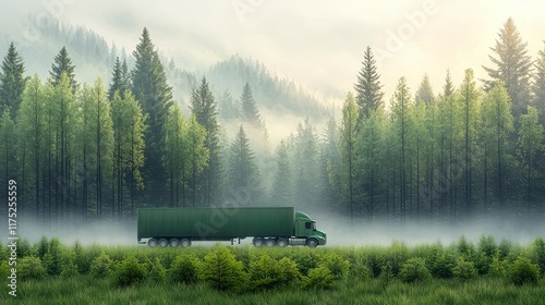 Green truck driving through a misty forest at sunrise. photo