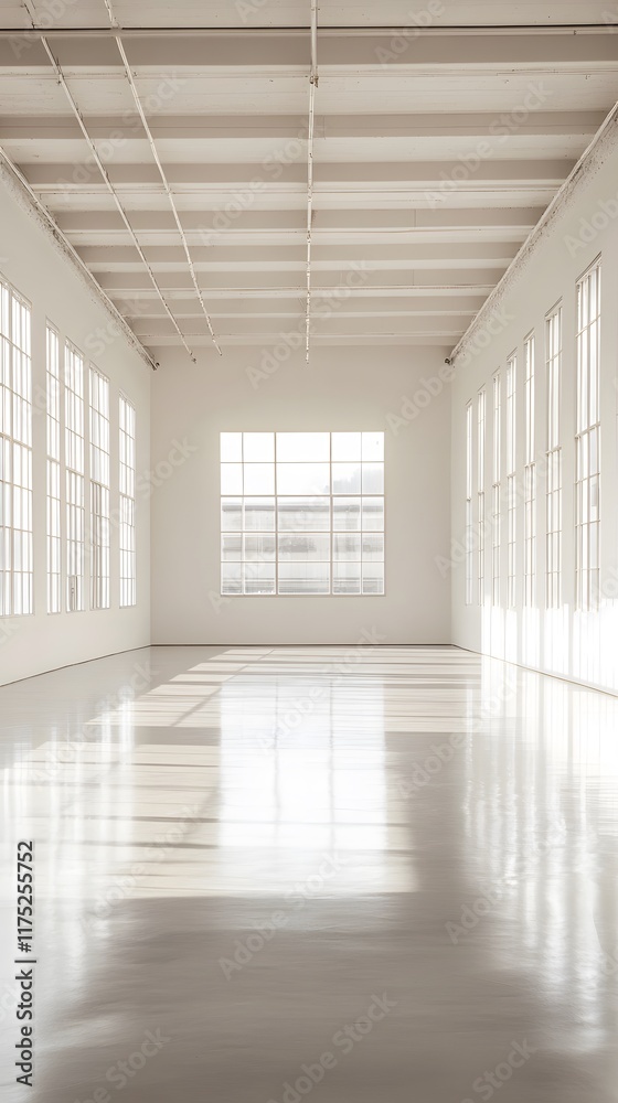 Fototapeta premium A wide, empty exhibition space with white walls, natural light streaming through windows, and a polished floor, perfect for product displays and text integration
