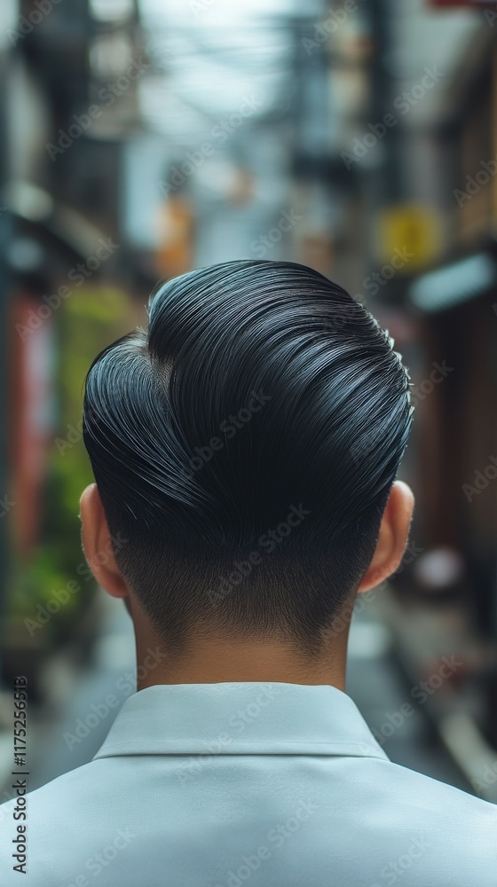 Fototapeta premium Modern hairstyle of a man in a narrow urban alley during daylight