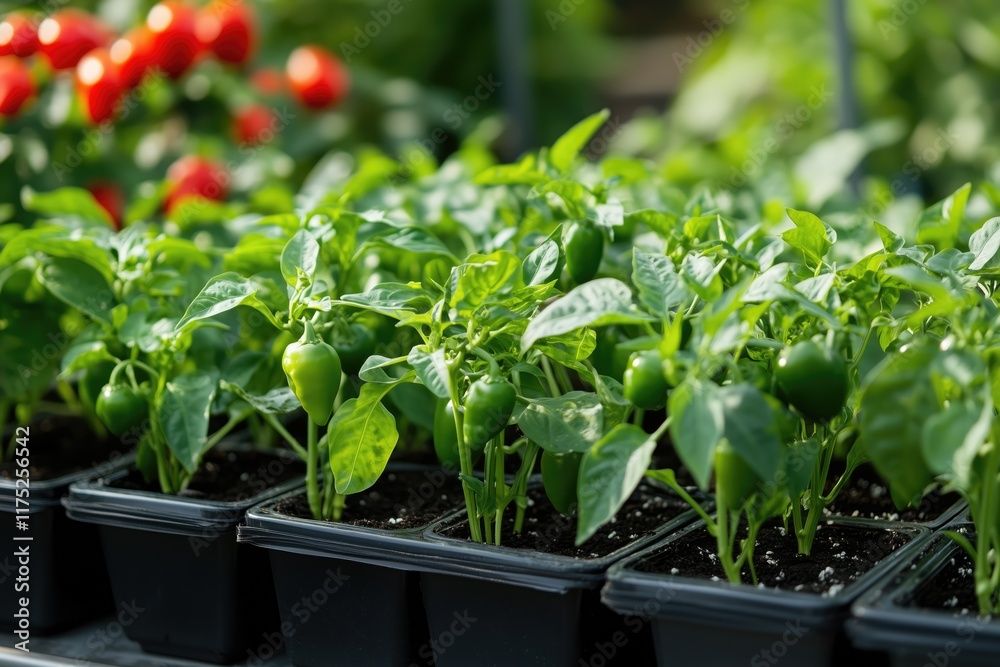 Organic chili is an essential ingredient. Vibrant chili pepper plants in black pots, ready for harvest. Organic chili is an essential ingredient. Vibrant chili pepper plants in black pots, ready for harvest.