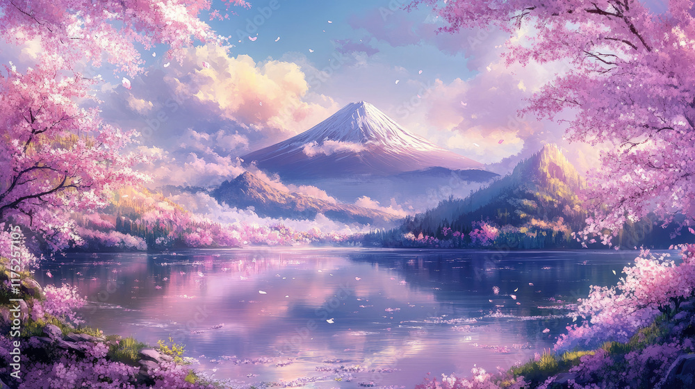 Obraz premium Serene Mountain Landscape with Cherry Blossoms and Reflection