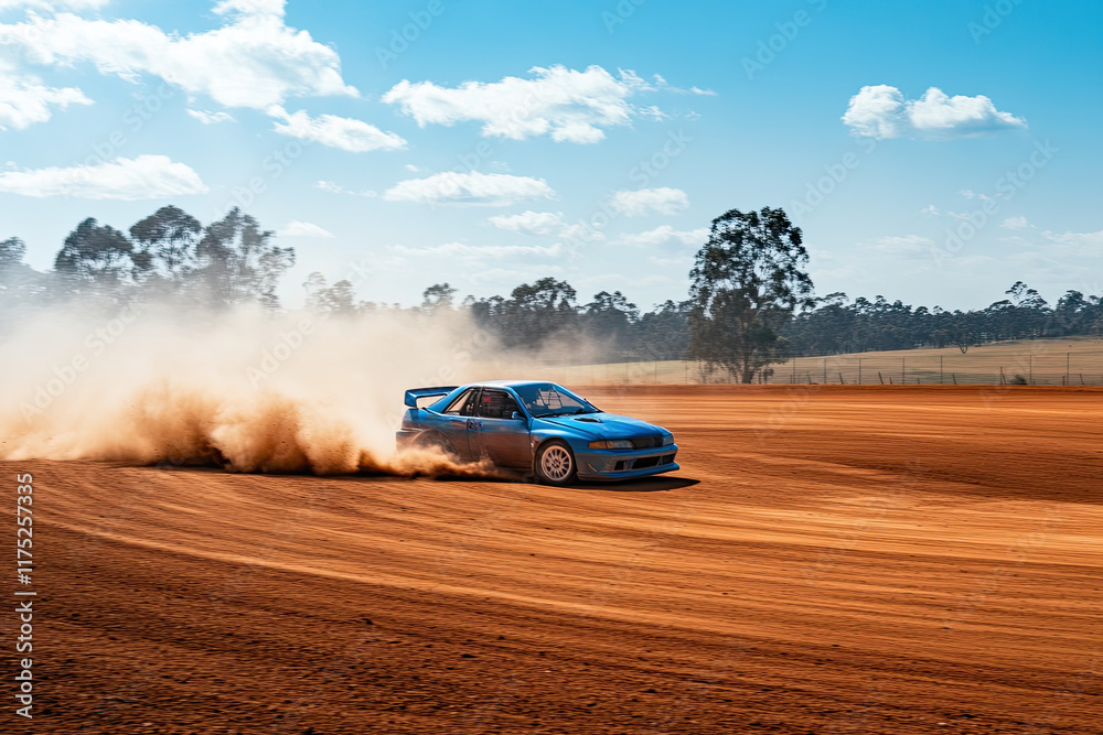 Rally race car drifting in curve on dirt track Rally race car drifting in curve on dirt track