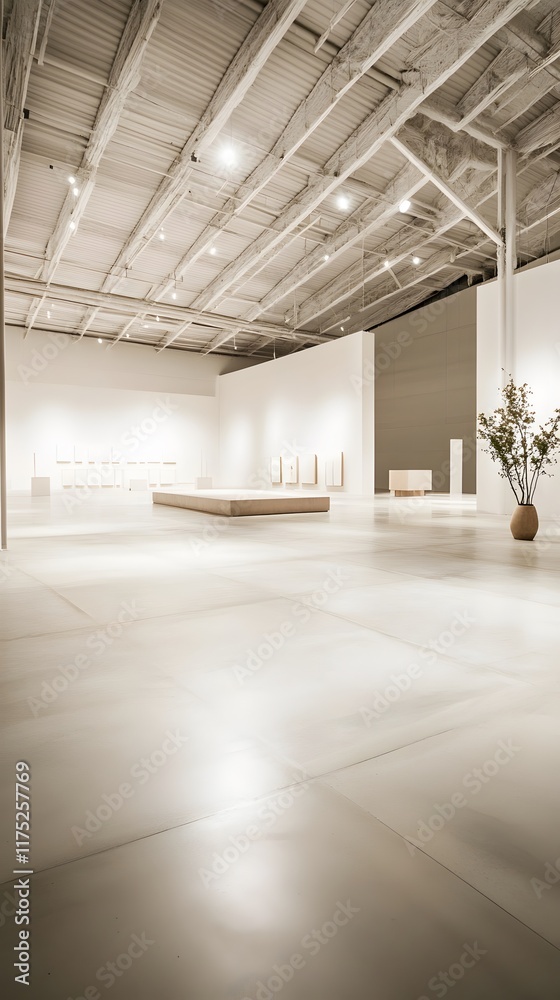 A vast, clean exhibition space with a neutral color palette, smooth flooring, and high ceilings, offering plenty of room for product placement and text A vast, clean exhibition space with a neutral color palette, smooth flooring, and high ceilings, offering plenty of room for product placement and text