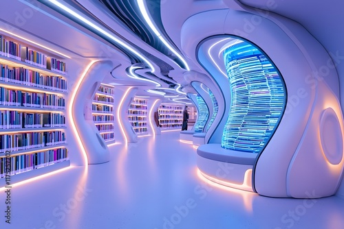 Futuristic Public Library with Holographic Book Stacks and Adaptive Study Pods