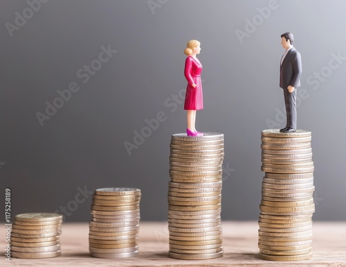 Gender Pay Gap Symbolized with Business Figures Standing on Coin Stacks photo