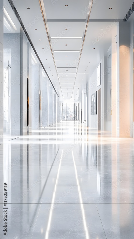 Obraz premium A wide, clean exhibition space with large empty walls, polished floors, and ample lighting, perfect for displaying products and adding text