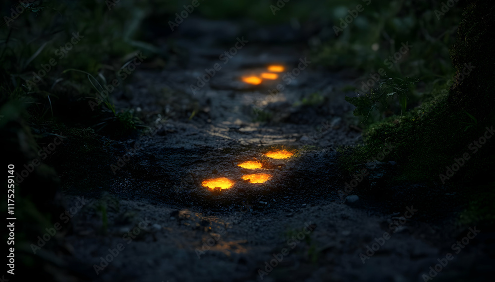 A serene pathway illuminated by soft glowing lights, surrounded by lush greenery, creating a magical atmosphere. A serene pathway illuminated by soft glowing lights, surrounded by lush greenery, creating a magical atmosphere.