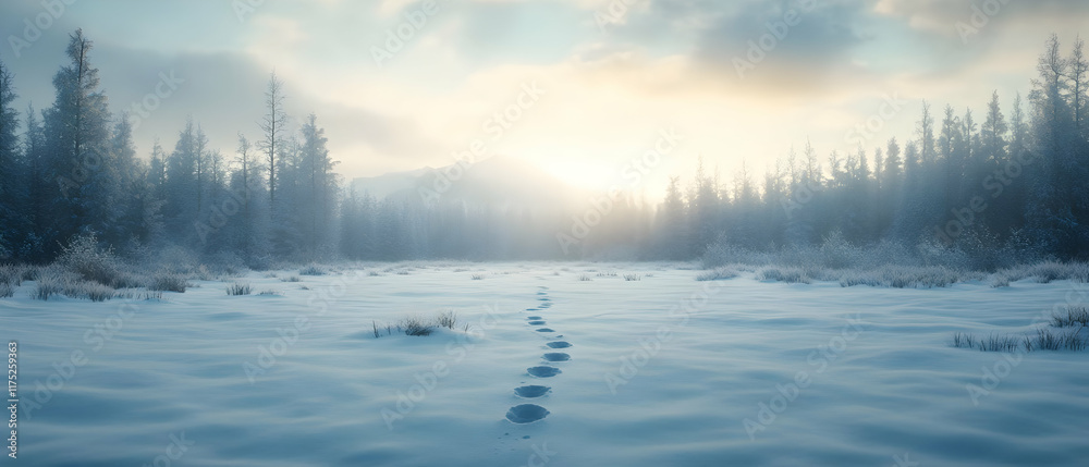A serene winter landscape with snow-covered ground and trees under a soft morning light. A serene winter landscape with snow-covered ground and trees under a soft morning light.
