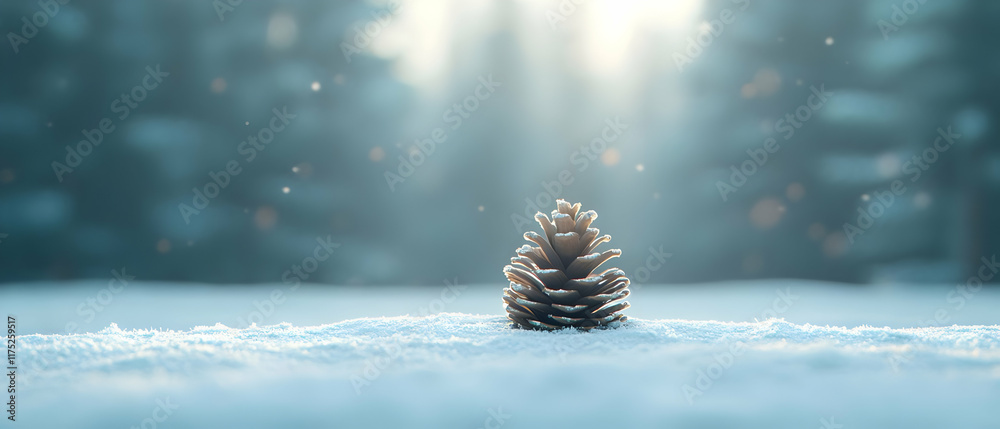Obraz premium A solitary pine cone rests on soft snow, illuminated by gentle sunlight peeking through a serene forest.