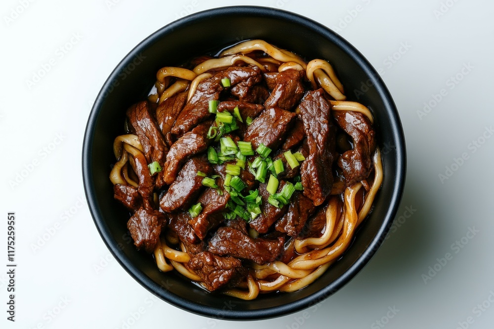 Savoring beef udon topped with green onions in a bowl Savoring beef udon topped with green onions in a bowl
