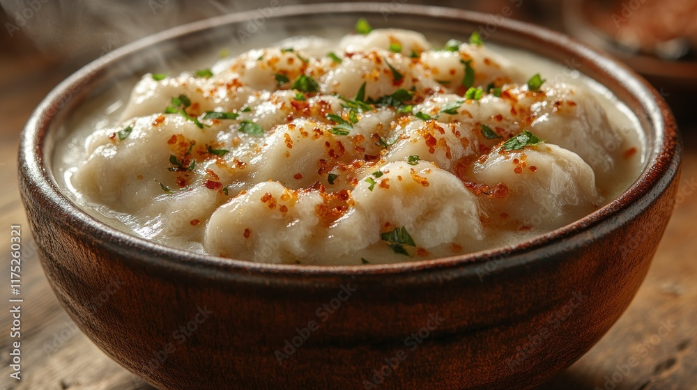 A steaming bowl of creamy dumplings garnished with herbs and spices. A steaming bowl of creamy dumplings garnished with herbs and spices.