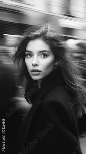 Elegant woman with flowing hair captured in motion on a bustling city street during the day