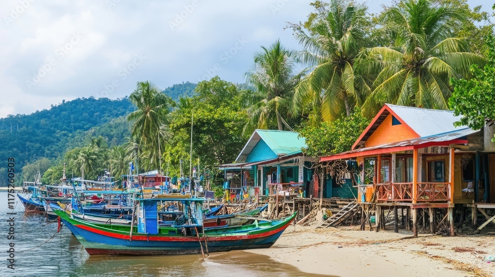 Colorful Fishing Boats Docked Near Tropical Houses Colorful Fishing Boats Docked Near Tropical Houses