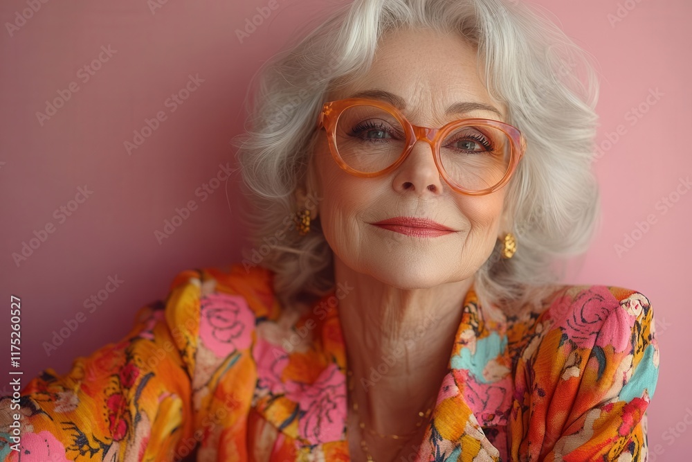 Obraz premium adorable retired woman dressed in colorful fashionable attire poses cheerfully against a soft pink background her vibrant style and joyful demeanor showcase a celebration of age and individuality